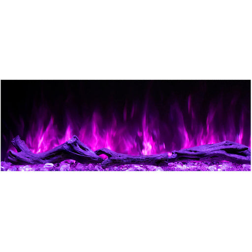 A panoramic electric fireplace with purple flames