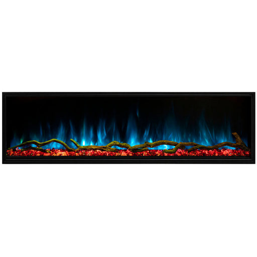 A rectangular fireplace featuring blue and orange flames.