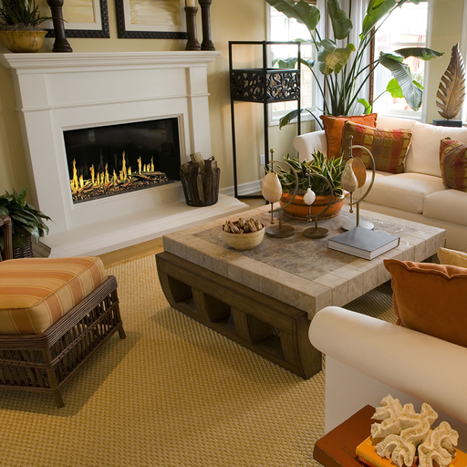 A living room features a white fireplace with a lit fire