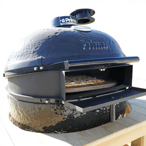 A black ceramic pizza oven with the brand name Prime on the front