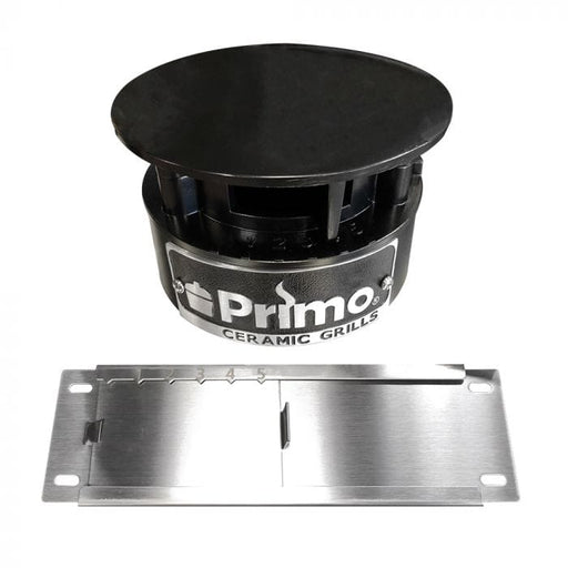 Image of a black grill vent from the brand Primo and a metallic rectangular piece